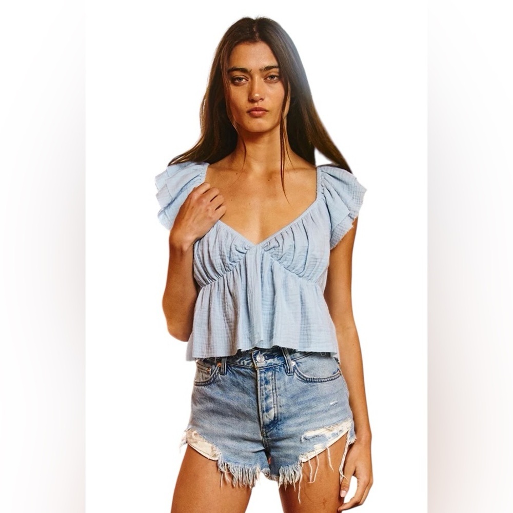 Bucket List Blue Gauze Peplum Top Cottagecore Coastal Summer Women's Small